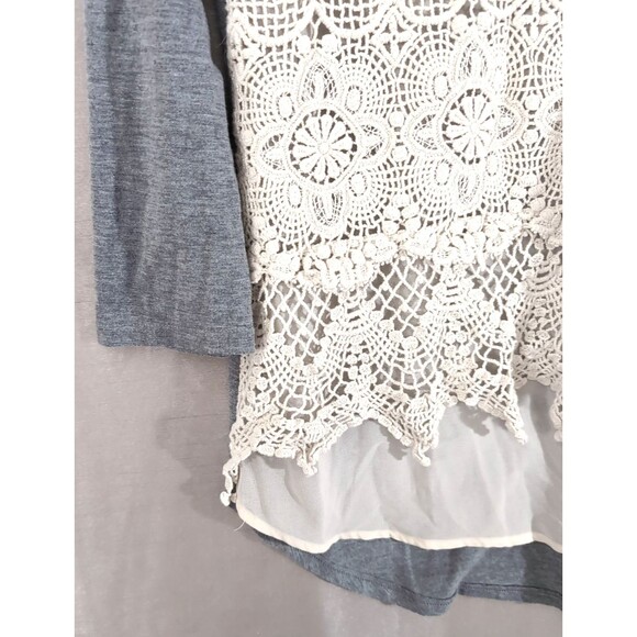 Eyeshadow Brand Women's SMALL Ivory Lace Crochet Top, Gray Long Sleeve Tee Boho - Picture 13 of 14